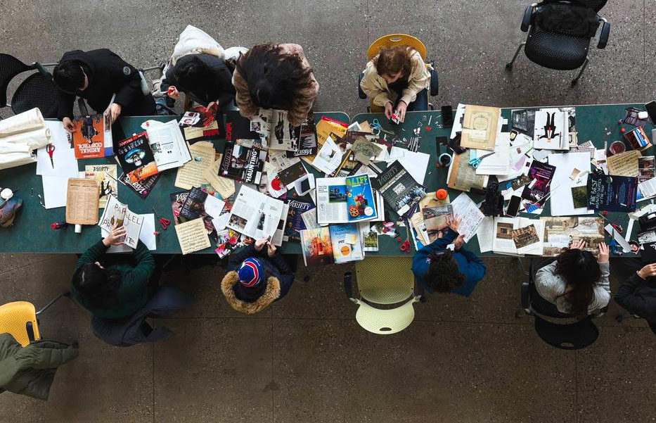 No Clean Surfaces — collage workshop overhead